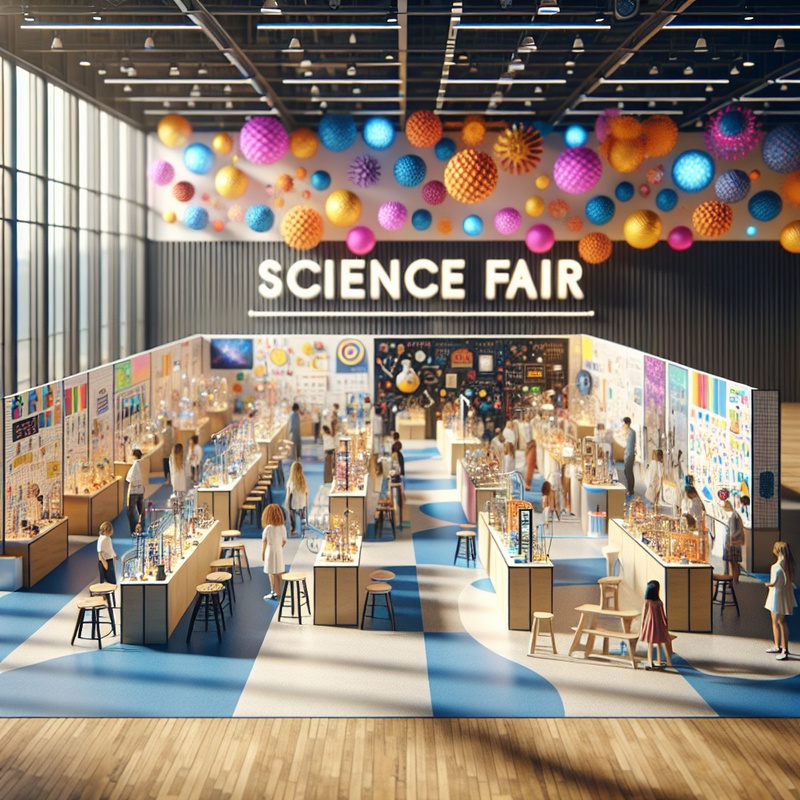 Colorful science fair with project displays and interactive zones in a community center.