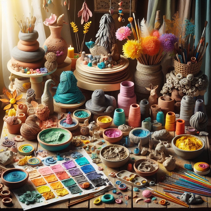 A child's art studio with various sculpture materials and projects.