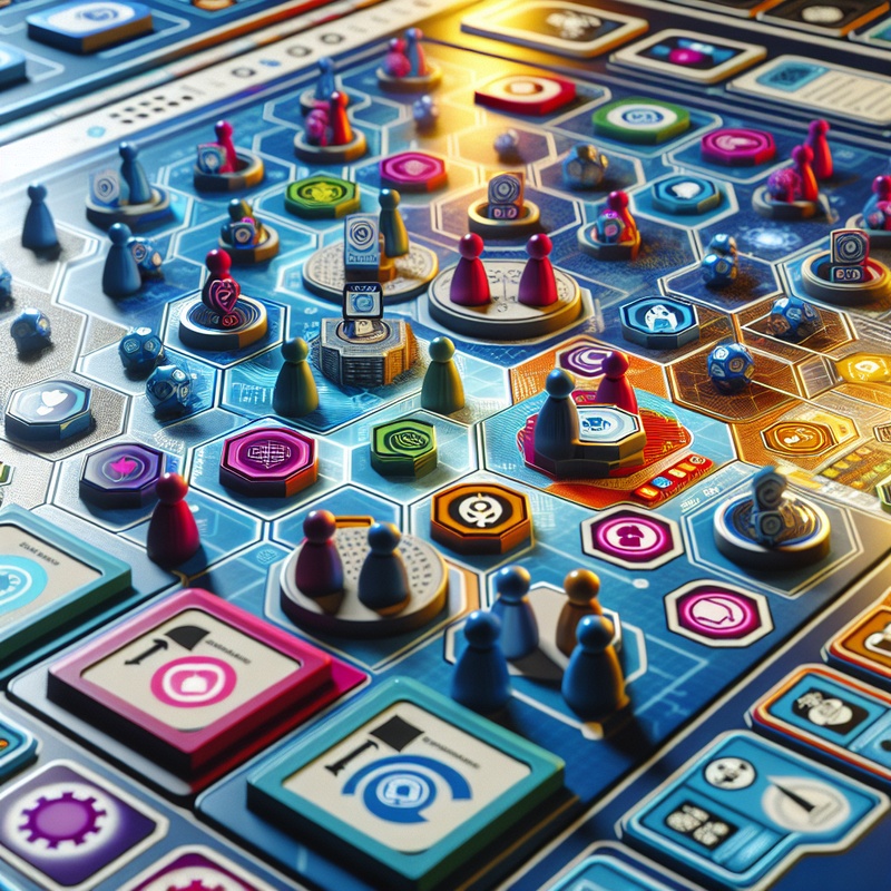Illustration of a colorful cybersecurity board game with digital icons.