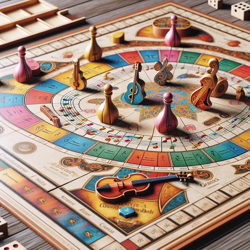 Colorful music-themed board game with instruments and notes.