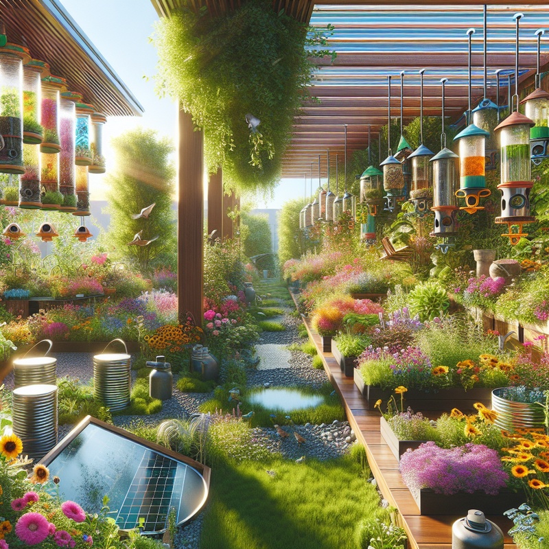 Eco-friendly garden with bird feeders, flowers, and rainwater system.
