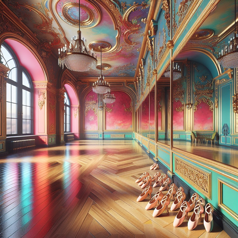 Ballroom dance studio with colorful decor and polished floors.