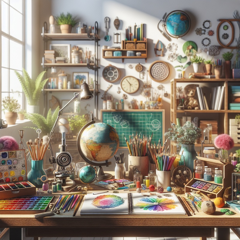 A well-lit creative workspace with art supplies and a small garden.