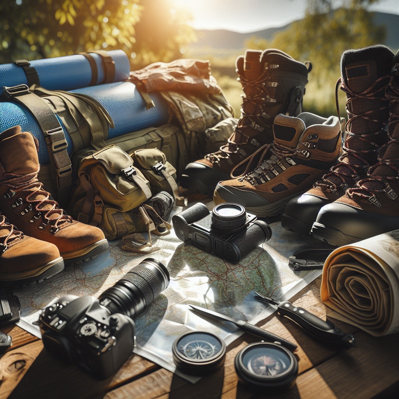 Hiking gear on a table with backpacks, boots, and maps.