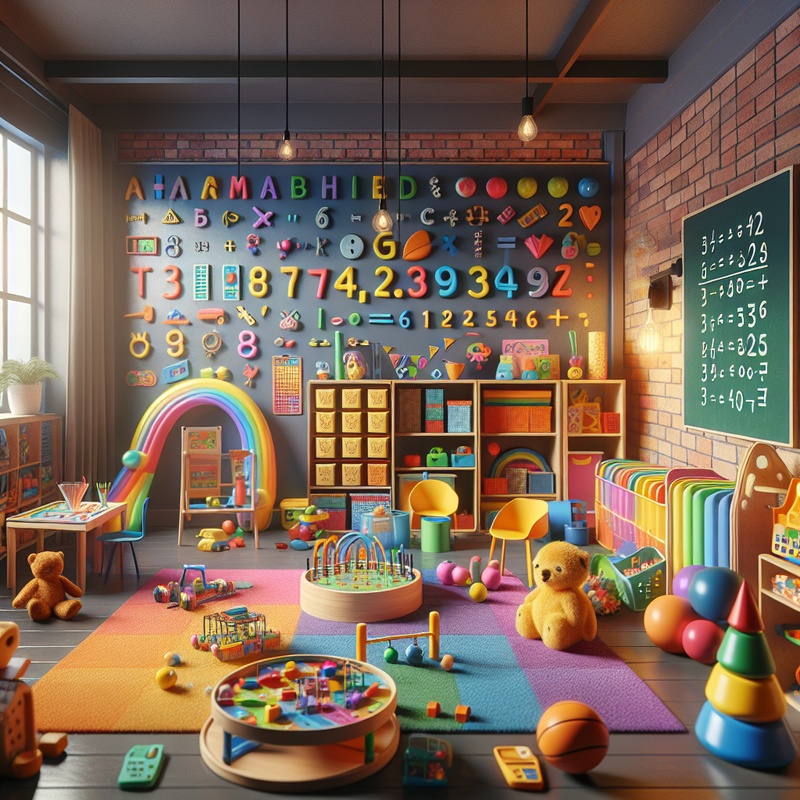 A playroom with math games and educational toys.