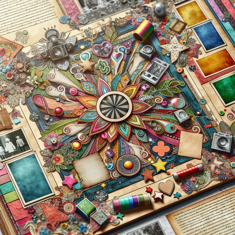 A scrapbook page with colorful stickers, vintage photos, and decorative paper.