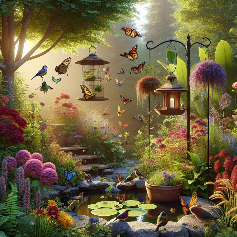 A garden with native plants, bird feeders, and a pond, attracting butterflies and birds.