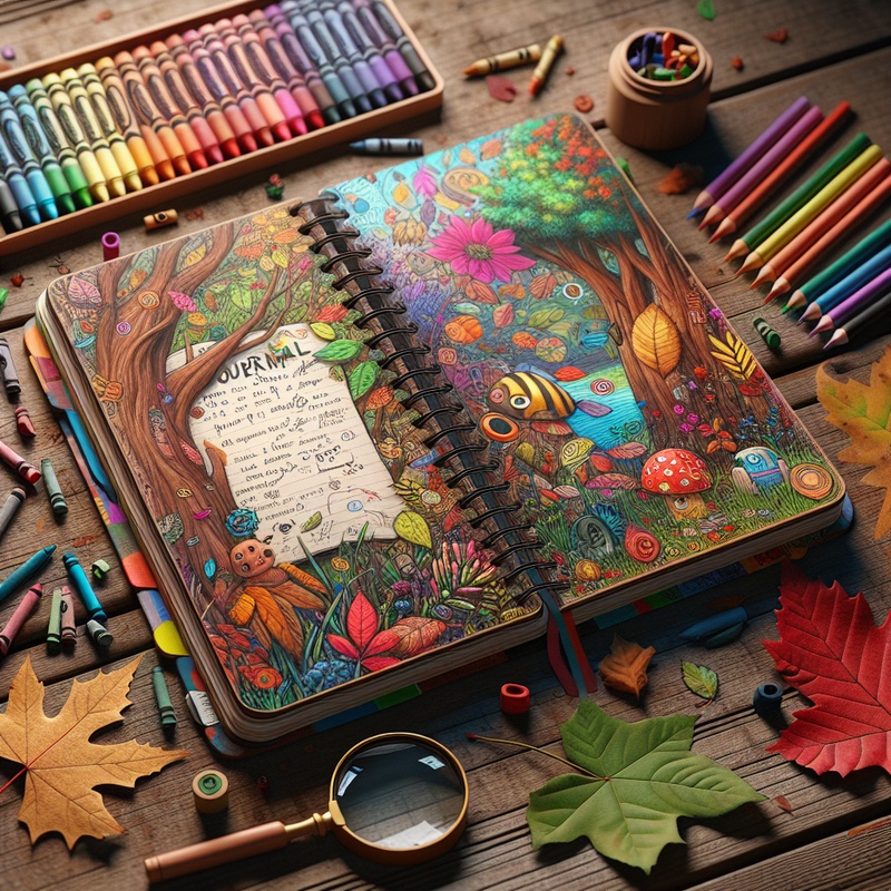 An open children's journal with crayons and leaves on a table.