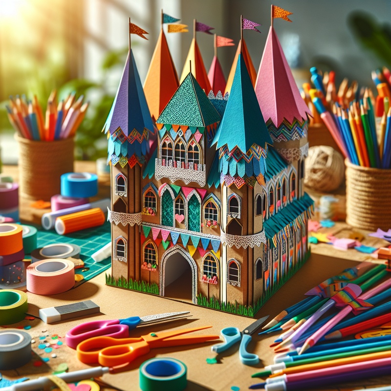 A cardboard castle with craft materials around it.