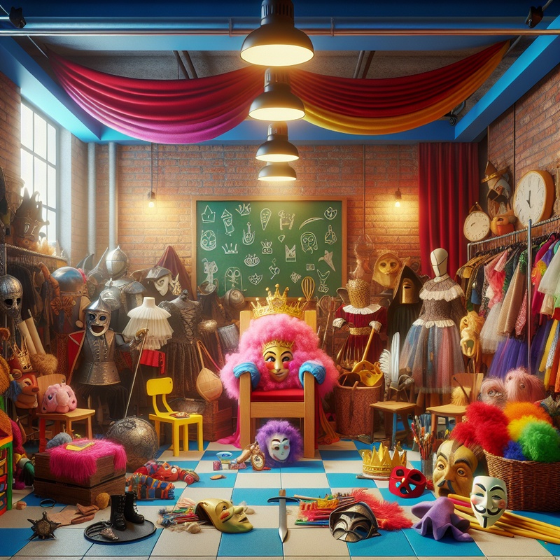 A colorful classroom with props and costumes for children's drama activities.