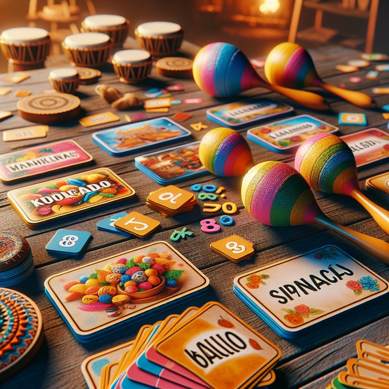 Colorful Spanish vocabulary game setup with flashcards, maracas, and crafts on a table.