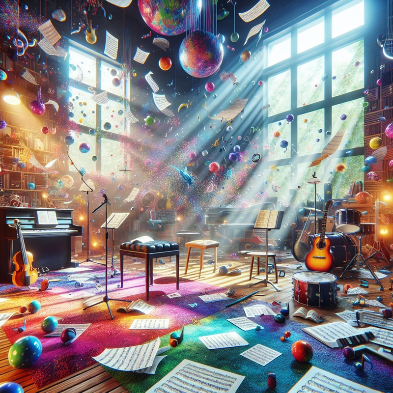 A bright music room with musical notes and instruments.