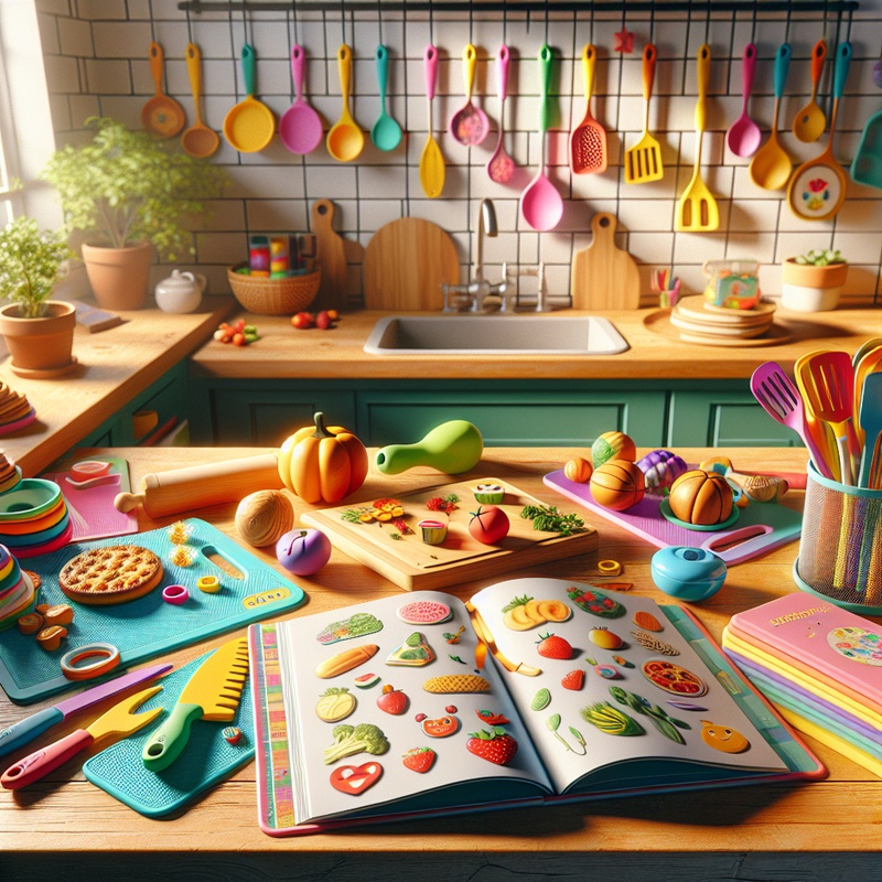 Colorful child-friendly kitchen tools and cookbooks on a countertop.