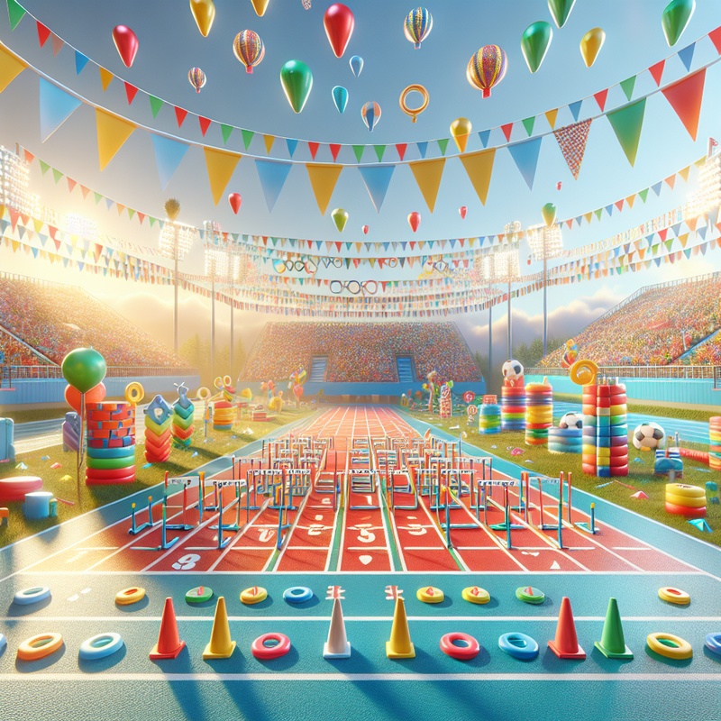 Children's sports field with track lanes and colorful decorations.