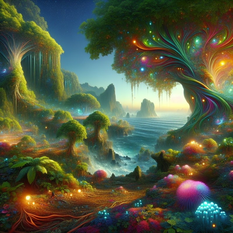 A colorful, imaginative scene with mythical creatures and a tranquil ocean.