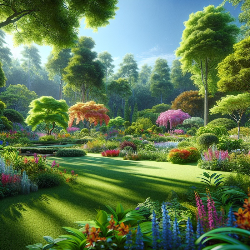 A green park with various plants and flowers under a blue sky.