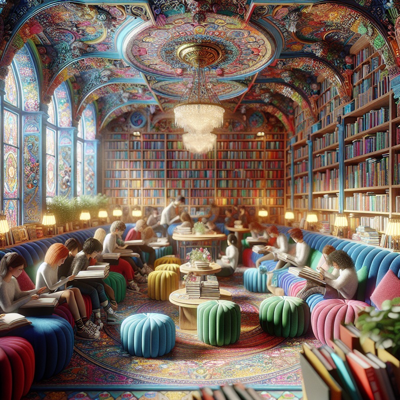 A cozy library corner with colorful books and plush seating.