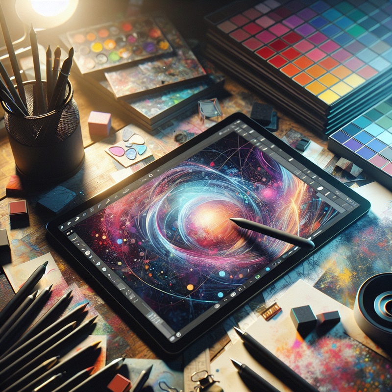 Digital art setup with tablet, stylus, and colorful art tools.
