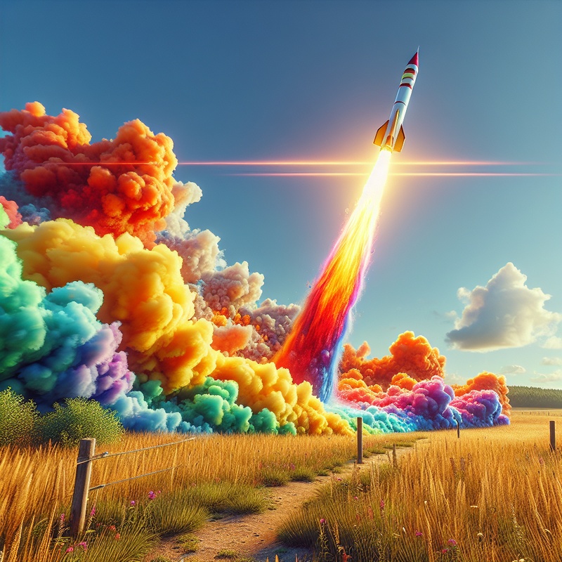 Model rocket launching in a field with colorful smoke trails against a blue sky.