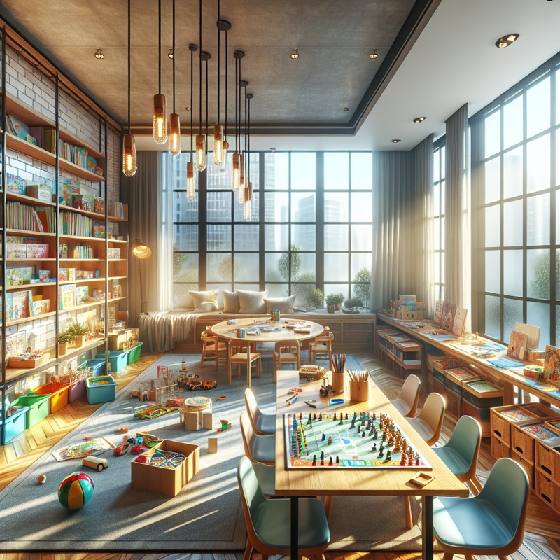 A children's playroom with board games, art supplies, and books in natural light.