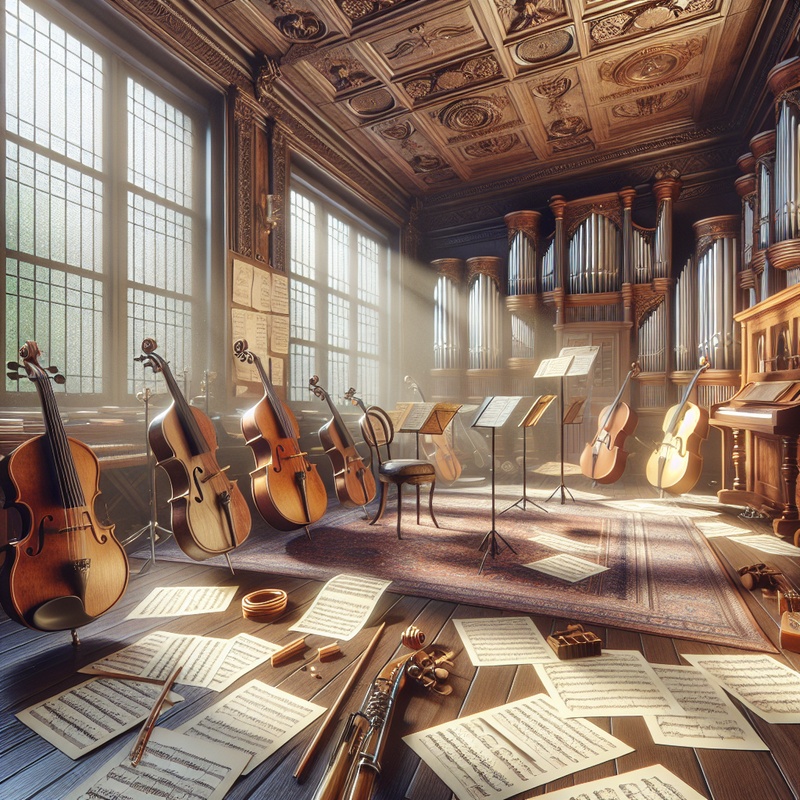 A music room filled with instruments and sheet music, bathed in natural light.