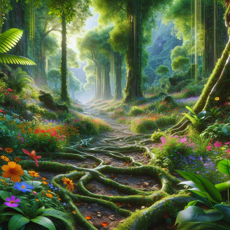 A forest trail with various plants and flowers under sunlight.