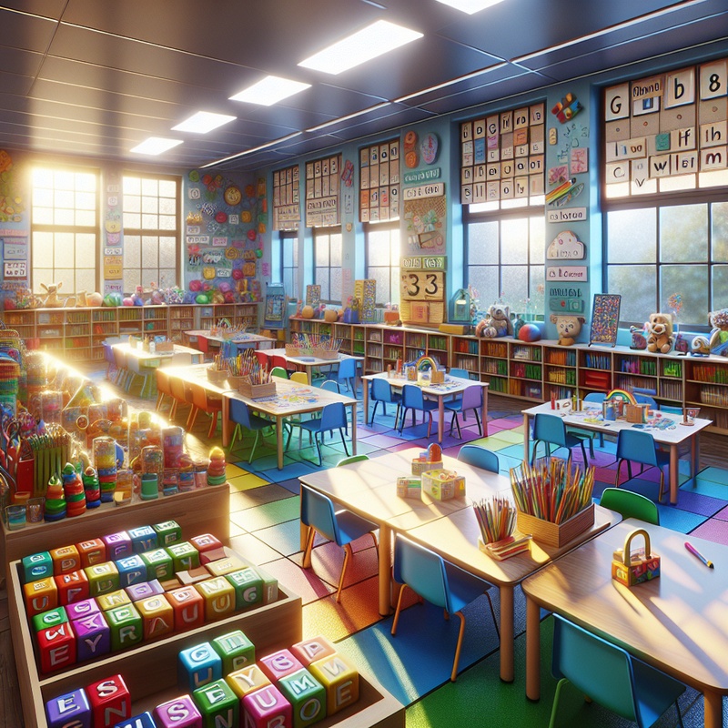 A classroom with writing games, story cubes, and word walls.