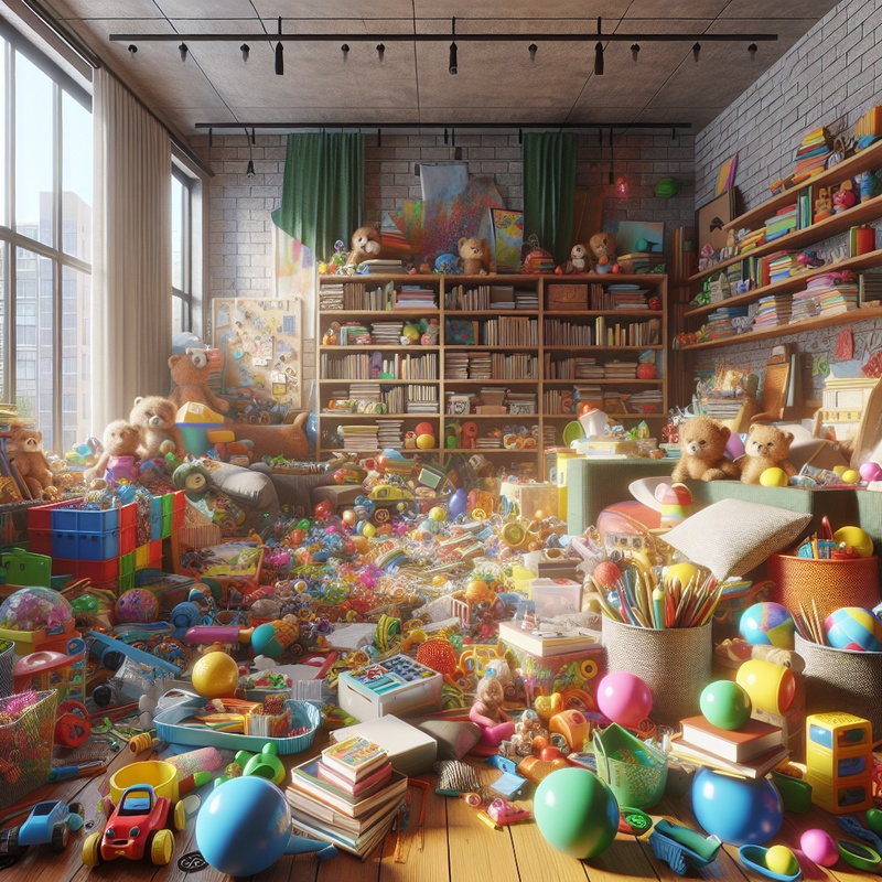 A colorful playroom with toys, art supplies, and books in natural light.
