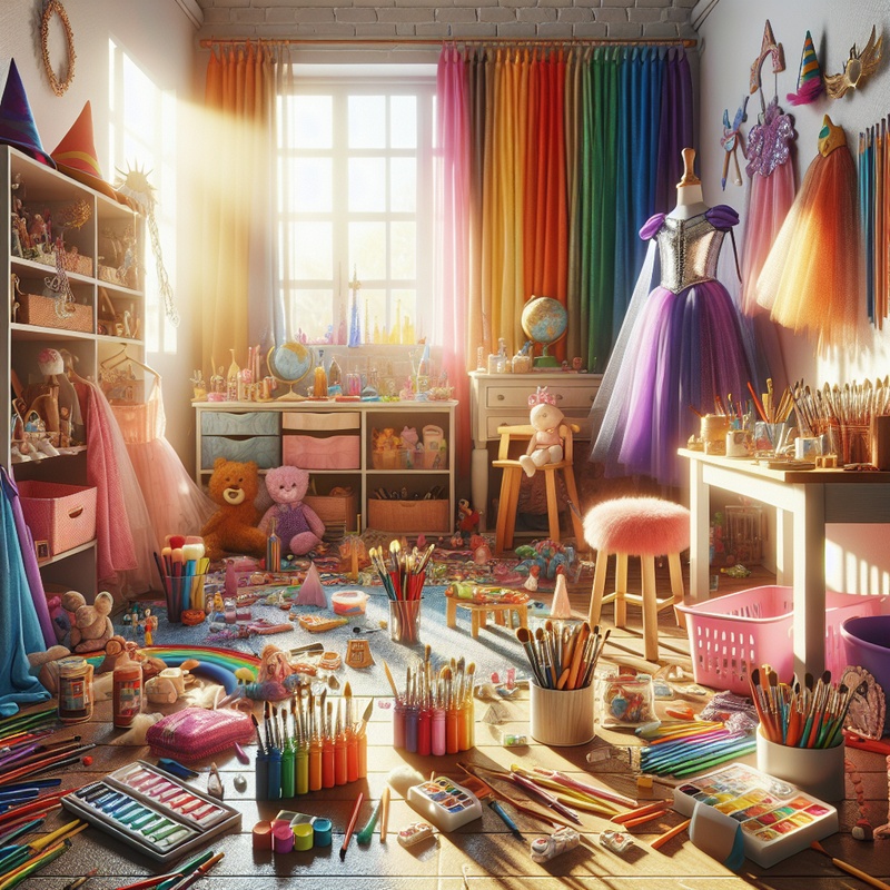 A playroom with art supplies, costumes, and props in natural light.