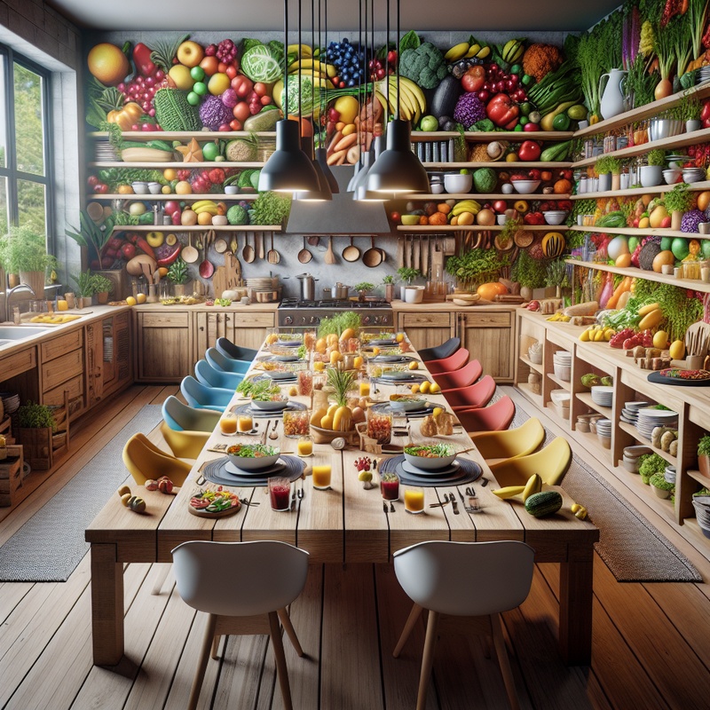 A kitchen table with fruits, vegetables, and meal planning charts.