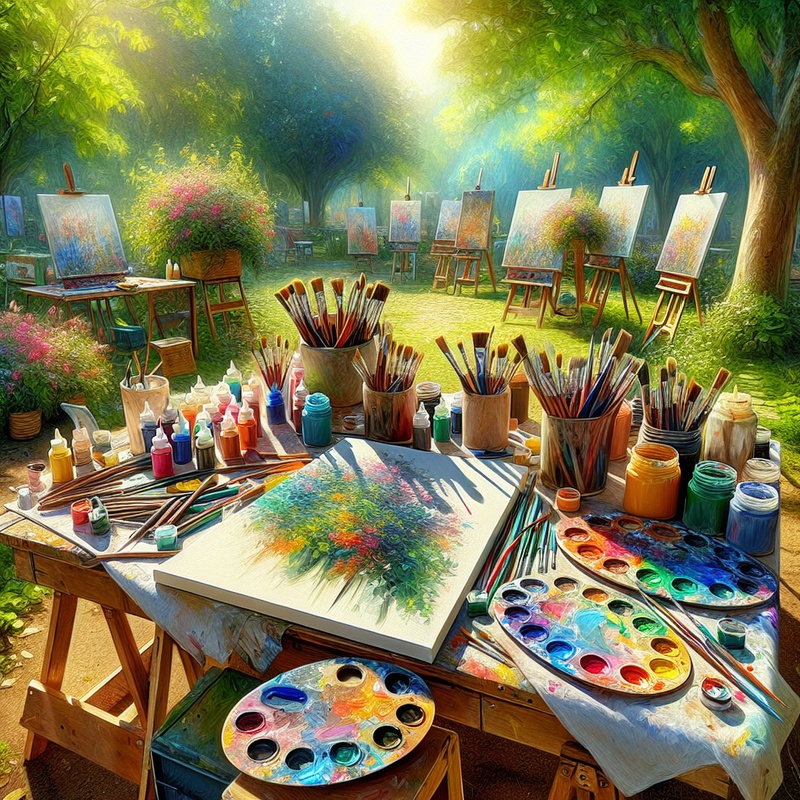 Outdoor painting playdate with art supplies on tables in a park.