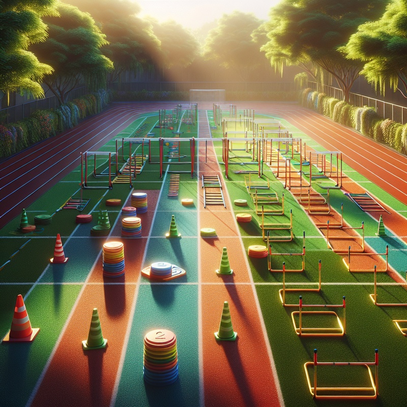 Track field with cones, ladders, and hurdles in a green setting.
