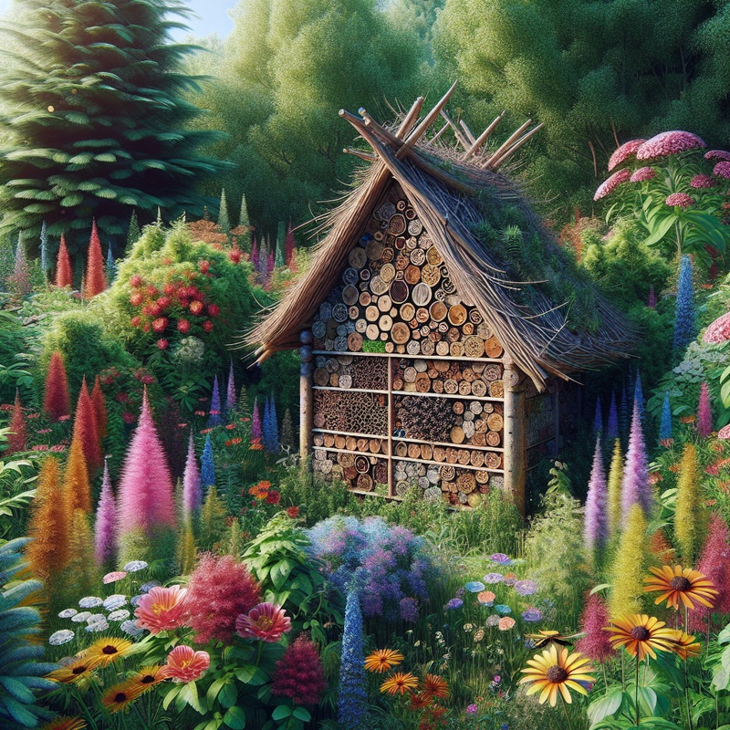 A bug hotel in a garden with wildflowers and natural materials.