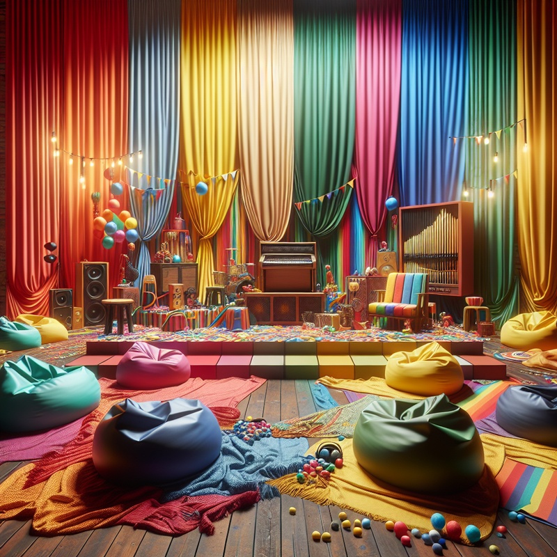 A cozy home theater with a small stage, colorful curtains, and bean bags.