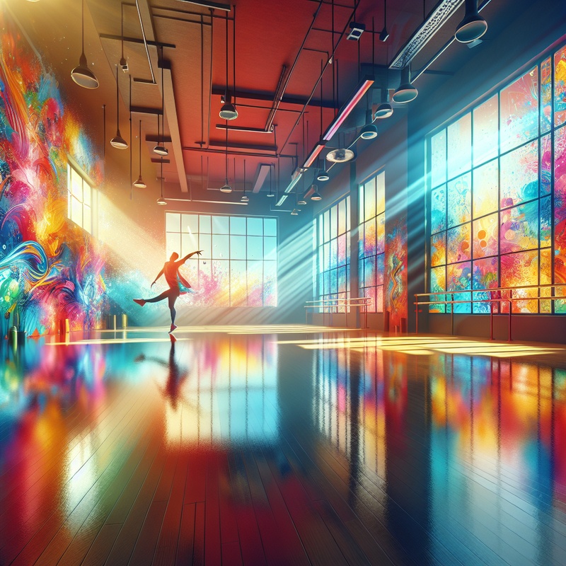 A bright dance studio with wooden floors and large windows.