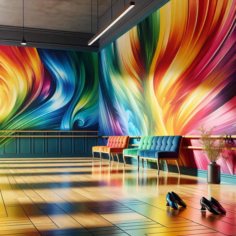 A bright dance studio with wooden floors and colorful walls.