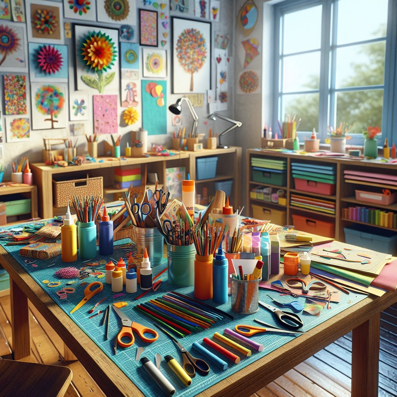 A well-organized craft area with various colorful supplies and children's artwork.