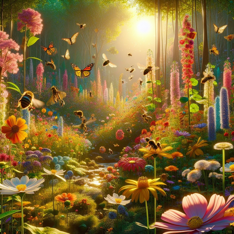 A garden with native flowers, bees, and butterflies in sunlight.
