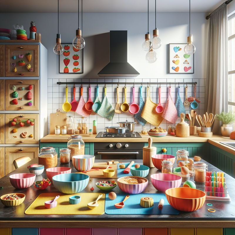 Colorful kitchen tools for kids, including mixing bowls, aprons, and baking mats.