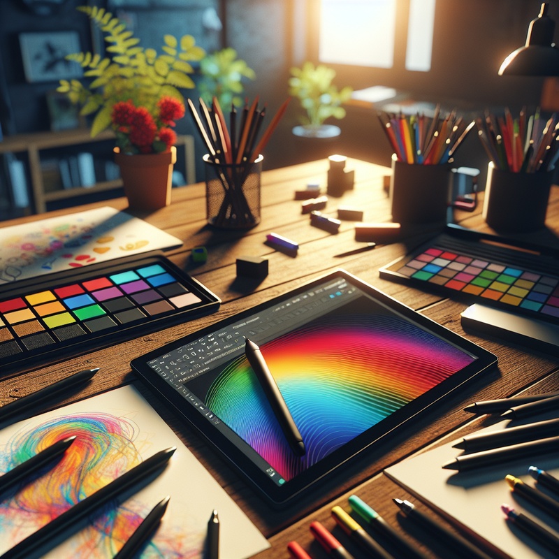 Digital art setup with tablet, stylus, and colorful sketches on a desk.