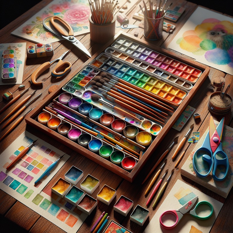 Watercolor paint set with brushes, palettes, colorful paper, and child-friendly scissors on a table.
