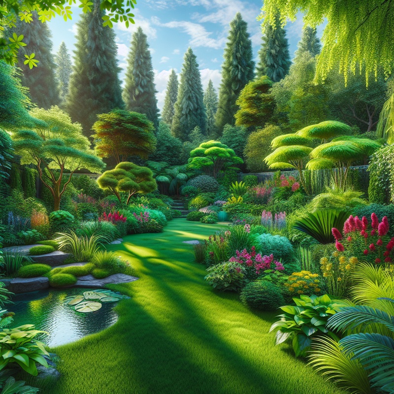 A vibrant backyard with various plants, flowers, and a pond, ideal for exploration.
