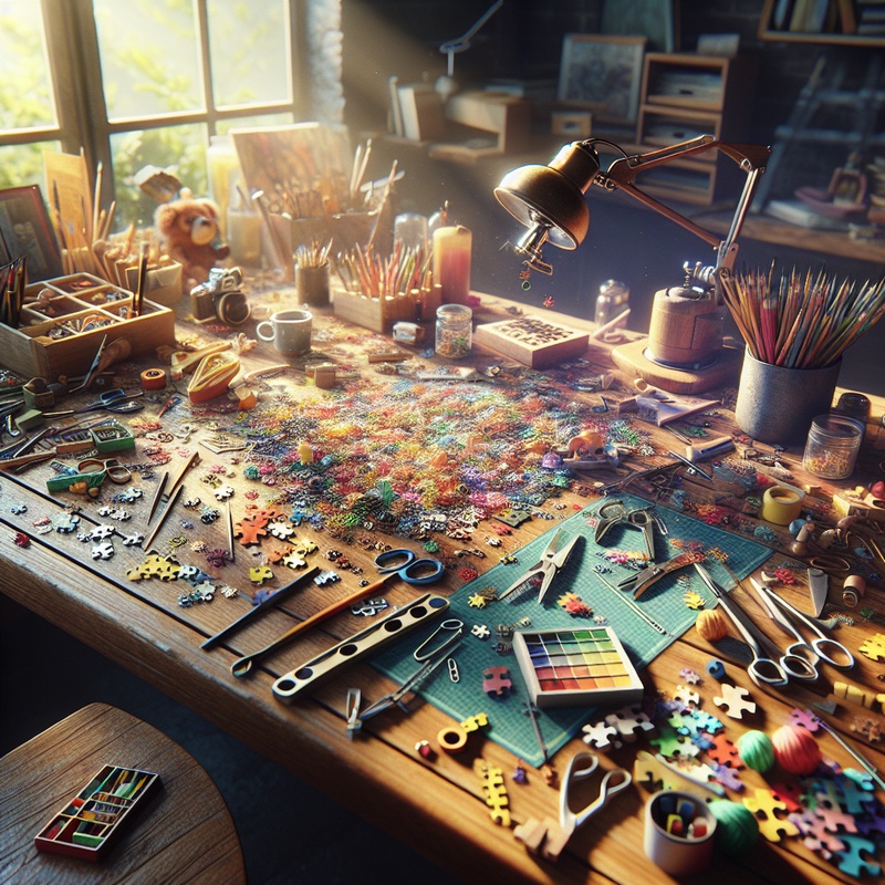 A workspace with puzzle pieces, craft tools, and art supplies on a table.