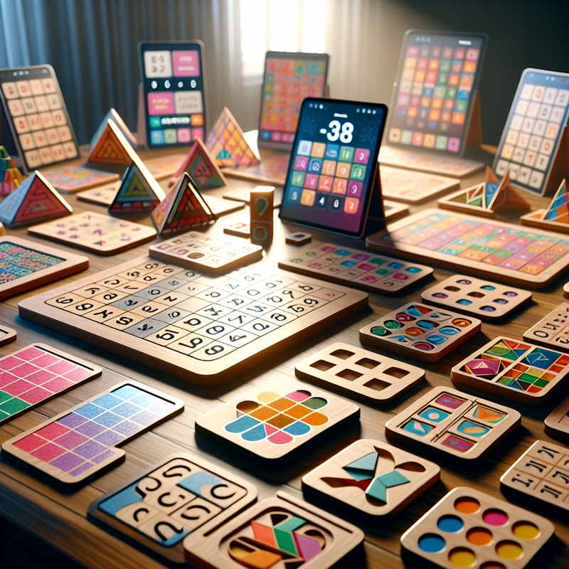 Various educational math games on a table, including bingo cards and tangram puzzles.
