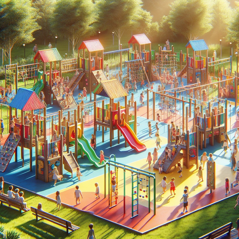 Colorful playground with team-building activity stations.