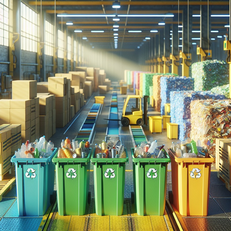 Colorful recycling station with bins and recyclable materials.