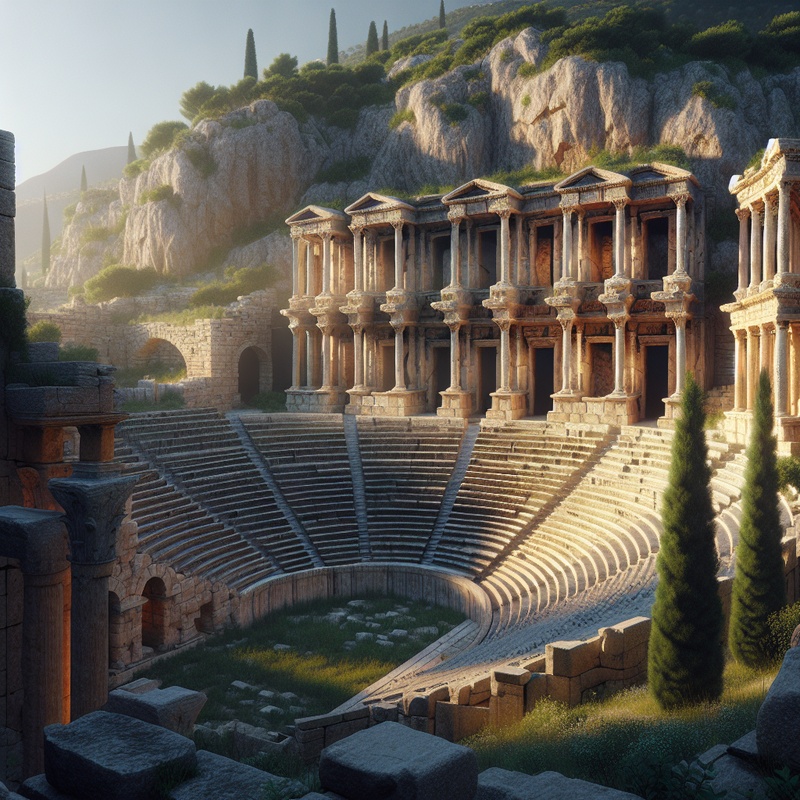 Ancient Greek amphitheater with stone seats and greenery.