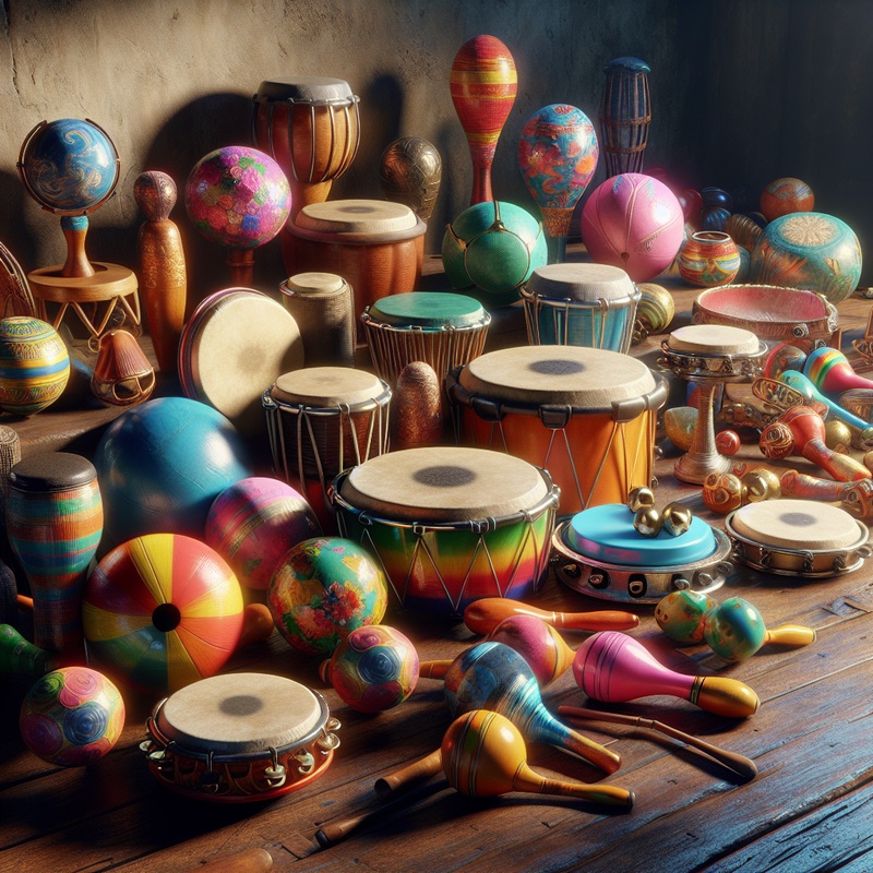 Colorful percussion instruments on a wooden table.