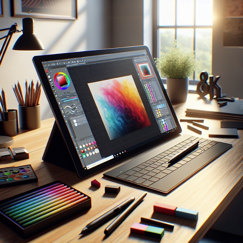 A digital art setup with a tablet and stylus on a desk.