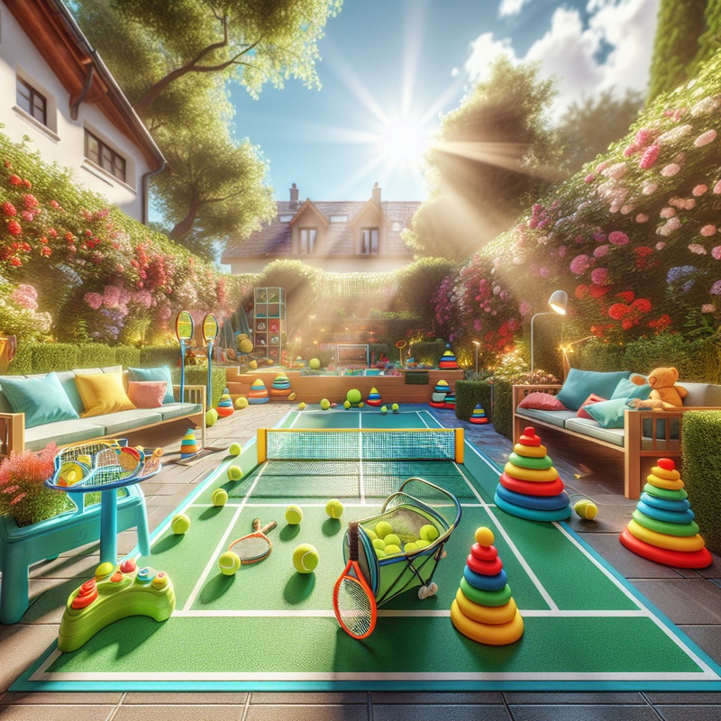 Mini tennis court in a backyard with colorful cones and child-friendly equipment.